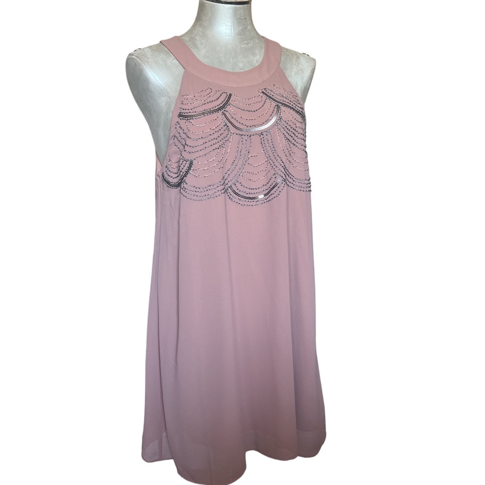 Socialite Blush Pink Beaded Halter Mini Dress L Keyhole Back Scallop Chain NWT